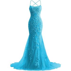 imageMermaid Prom Dresses 2025 Spaghetti Straps Evening Gowns Lace Applique Floral Formal Dresses for WomenLake Blue