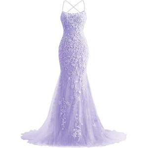 imageMermaid Prom Dresses 2025 Spaghetti Straps Evening Gowns Lace Applique Floral Formal Dresses for WomenLavender