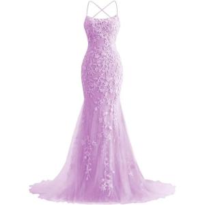 imageMermaid Prom Dresses 2025 Spaghetti Straps Evening Gowns Lace Applique Floral Formal Dresses for WomenLilac