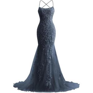 imageMermaid Prom Dresses 2025 Spaghetti Straps Evening Gowns Lace Applique Floral Formal Dresses for WomenNavy Blue