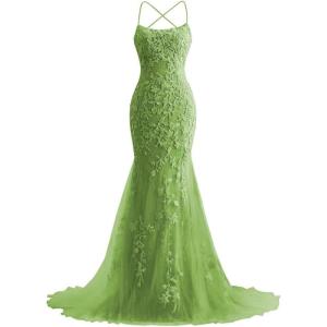 imageMermaid Prom Dresses 2025 Spaghetti Straps Evening Gowns Lace Applique Floral Formal Dresses for WomenOlive
