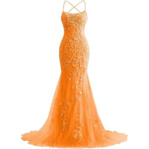 imageMermaid Prom Dresses 2025 Spaghetti Straps Evening Gowns Lace Applique Floral Formal Dresses for WomenOrange
