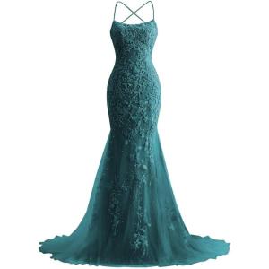 imageMermaid Prom Dresses 2025 Spaghetti Straps Evening Gowns Lace Applique Floral Formal Dresses for WomenPeacock