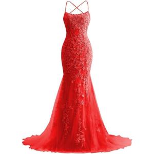 imageMermaid Prom Dresses 2025 Spaghetti Straps Evening Gowns Lace Applique Floral Formal Dresses for WomenRed