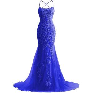 imageMermaid Prom Dresses 2025 Spaghetti Straps Evening Gowns Lace Applique Floral Formal Dresses for WomenRoyal Blue
