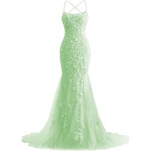 imageMermaid Prom Dresses 2025 Spaghetti Straps Evening Gowns Lace Applique Floral Formal Dresses for WomenSage