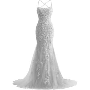 imageMermaid Prom Dresses 2025 Spaghetti Straps Evening Gowns Lace Applique Floral Formal Dresses for WomenSilver