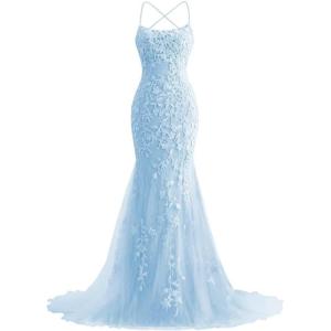 imageMermaid Prom Dresses 2025 Spaghetti Straps Evening Gowns Lace Applique Floral Formal Dresses for WomenSky Blue