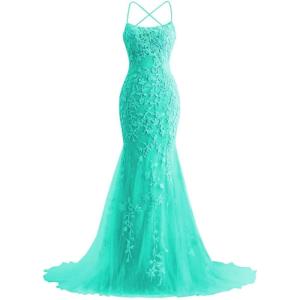imageMermaid Prom Dresses 2025 Spaghetti Straps Evening Gowns Lace Applique Floral Formal Dresses for WomenTurquoise