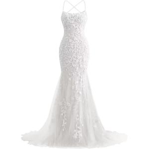 imageMermaid Prom Dresses 2025 Spaghetti Straps Evening Gowns Lace Applique Floral Formal Dresses for WomenWhite