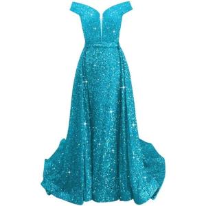 imageOff Shoulder Sequin Prom Dresses 2024 with Detachable Mermaid Ball Gown Sparkly Formal Dresses with CapeAqua