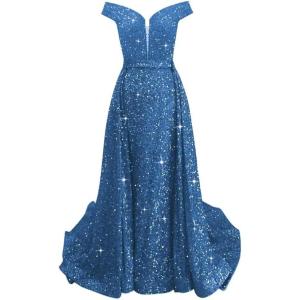 imageOff Shoulder Sequin Prom Dresses 2024 with Detachable Mermaid Ball Gown Sparkly Formal Dresses with CapeBlue