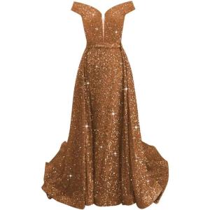 imageOff Shoulder Sequin Prom Dresses 2024 with Detachable Mermaid Ball Gown Sparkly Formal Dresses with CapeBrown