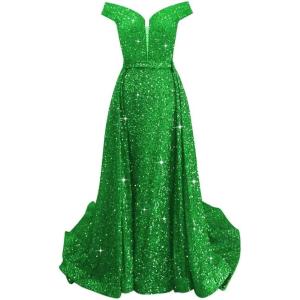 imageOff Shoulder Sequin Prom Dresses 2024 with Detachable Mermaid Ball Gown Sparkly Formal Dresses with CapeGreen
