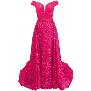 imageOff Shoulder Sequin Prom Dresses 2024 with Detachable Mermaid Ball Gown Sparkly Formal Dresses with CapeHot Pink
