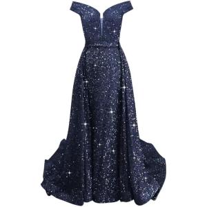imageOff Shoulder Sequin Prom Dresses 2024 with Detachable Mermaid Ball Gown Sparkly Formal Dresses with CapeNavy Blue
