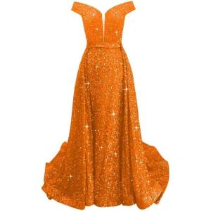 imageOff Shoulder Sequin Prom Dresses 2024 with Detachable Mermaid Ball Gown Sparkly Formal Dresses with CapeOrange