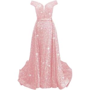 imageOff Shoulder Sequin Prom Dresses 2024 with Detachable Mermaid Ball Gown Sparkly Formal Dresses with CapePink