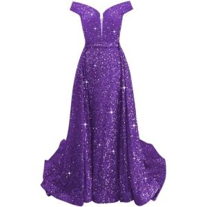 imageOff Shoulder Sequin Prom Dresses 2024 with Detachable Mermaid Ball Gown Sparkly Formal Dresses with CapePurple