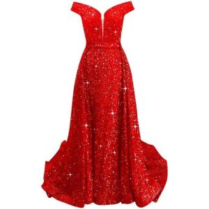 imageOff Shoulder Sequin Prom Dresses 2024 with Detachable Mermaid Ball Gown Sparkly Formal Dresses with CapeRed