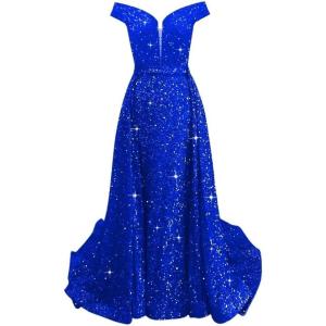 imageOff Shoulder Sequin Prom Dresses 2024 with Detachable Mermaid Ball Gown Sparkly Formal Dresses with CapeRoyal Blue