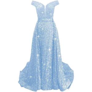 imageOff Shoulder Sequin Prom Dresses 2024 with Detachable Mermaid Ball Gown Sparkly Formal Dresses with CapeSky Blue