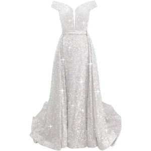 imageOff Shoulder Sequin Prom Dresses 2024 with Detachable Mermaid Ball Gown Sparkly Formal Dresses with CapeWhite