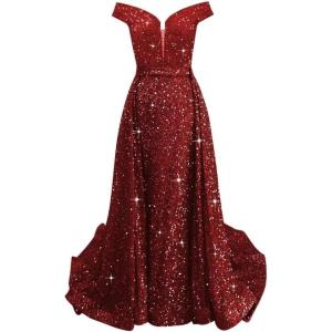 imageOff Shoulder Sequin Prom Dresses 2024 with Detachable Mermaid Ball Gown Sparkly Formal Dresses with CapeWine Red