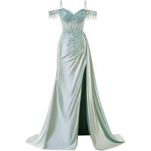 imageOff Shoulder Sequin Prom Dresses Long 2025 Satin Mermaid Formal Dresses Spaghetti Strap Evening Party Dress with SlitBaby Blue