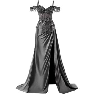 imageOff Shoulder Sequin Prom Dresses Long 2025 Satin Mermaid Formal Dresses Spaghetti Strap Evening Party Dress with SlitBlack