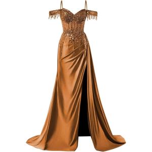 imageOff Shoulder Sequin Prom Dresses Long 2025 Satin Mermaid Formal Dresses Spaghetti Strap Evening Party Dress with SlitBurnt Orange