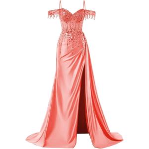 imageOff Shoulder Sequin Prom Dresses Long 2025 Satin Mermaid Formal Dresses Spaghetti Strap Evening Party Dress with SlitCoral