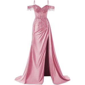 imageOff Shoulder Sequin Prom Dresses Long 2025 Satin Mermaid Formal Dresses Spaghetti Strap Evening Party Dress with SlitDusty Pink