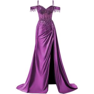 imageOff Shoulder Sequin Prom Dresses Long 2025 Satin Mermaid Formal Dresses Spaghetti Strap Evening Party Dress with SlitFuchsia