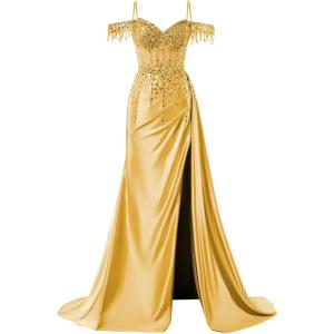 imageOff Shoulder Sequin Prom Dresses Long 2025 Satin Mermaid Formal Dresses Spaghetti Strap Evening Party Dress with SlitGold