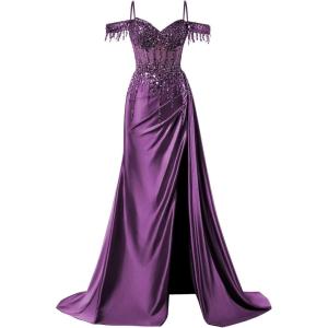 imageOff Shoulder Sequin Prom Dresses Long 2025 Satin Mermaid Formal Dresses Spaghetti Strap Evening Party Dress with SlitGrape
