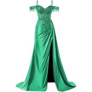 imageOff Shoulder Sequin Prom Dresses Long 2025 Satin Mermaid Formal Dresses Spaghetti Strap Evening Party Dress with SlitGreen