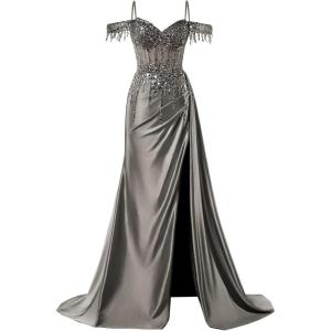 imageOff Shoulder Sequin Prom Dresses Long 2025 Satin Mermaid Formal Dresses Spaghetti Strap Evening Party Dress with SlitGrey