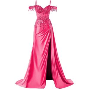 imageOff Shoulder Sequin Prom Dresses Long 2025 Satin Mermaid Formal Dresses Spaghetti Strap Evening Party Dress with SlitHot Pink