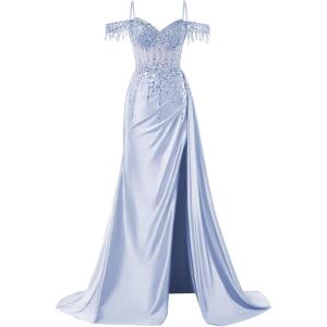 imageOff Shoulder Sequin Prom Dresses Long 2025 Satin Mermaid Formal Dresses Spaghetti Strap Evening Party Dress with SlitLavender
