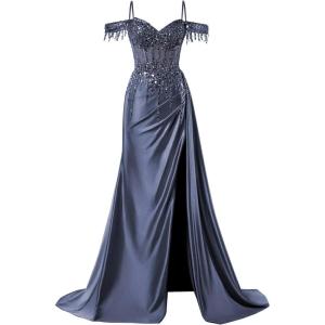imageOff Shoulder Sequin Prom Dresses Long 2025 Satin Mermaid Formal Dresses Spaghetti Strap Evening Party Dress with SlitNavy Blue