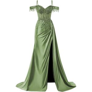 imageOff Shoulder Sequin Prom Dresses Long 2025 Satin Mermaid Formal Dresses Spaghetti Strap Evening Party Dress with SlitOlive