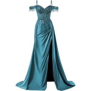imageOff Shoulder Sequin Prom Dresses Long 2025 Satin Mermaid Formal Dresses Spaghetti Strap Evening Party Dress with SlitPeacock