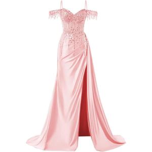 imageOff Shoulder Sequin Prom Dresses Long 2025 Satin Mermaid Formal Dresses Spaghetti Strap Evening Party Dress with SlitPink