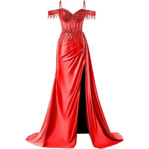 imageOff Shoulder Sequin Prom Dresses Long 2025 Satin Mermaid Formal Dresses Spaghetti Strap Evening Party Dress with SlitRed