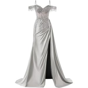 imageOff Shoulder Sequin Prom Dresses Long 2025 Satin Mermaid Formal Dresses Spaghetti Strap Evening Party Dress with SlitSilver