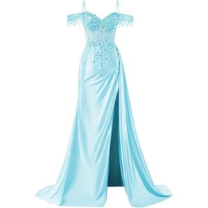 imageOff Shoulder Sequin Prom Dresses Long 2025 Satin Mermaid Formal Dresses Spaghetti Strap Evening Party Dress with SlitSky Blue