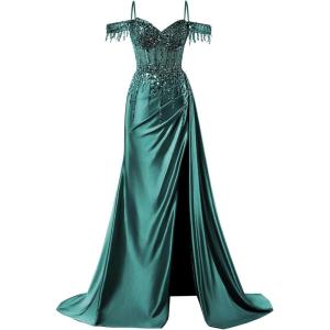 imageOff Shoulder Sequin Prom Dresses Long 2025 Satin Mermaid Formal Dresses Spaghetti Strap Evening Party Dress with SlitTeal