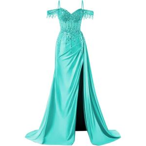 imageOff Shoulder Sequin Prom Dresses Long 2025 Satin Mermaid Formal Dresses Spaghetti Strap Evening Party Dress with SlitTurquoise