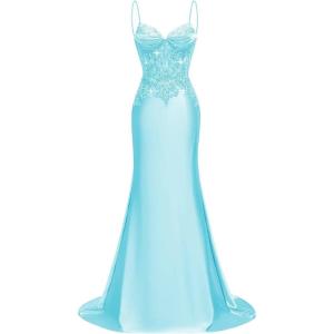 imageSilk Beaded Prom Dresses Long for Women Mermaid Formal Dresses Spaghetti Straps Evening Party GownsAqua
